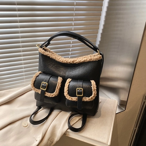 Retro Akademische PU Leder Multifunktionale Umhängetasche Rucksack Mit Künstlichem Lammwollbesatz Lässige Beuteltasche Für Damen