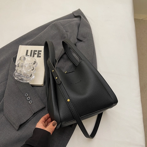 Minimalist Bucket Bag Handbag Women Litchi Grain PU Leather Shoulder Crossbody Bag With Top Handle Golden Rivets