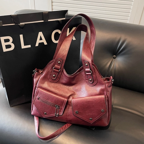 Borsa Tote Donna Retro Pelle PU Grande Capacità Tasche Multiple Borsa A Spalla Vintage Urban Minimalista Decorazione Borchie