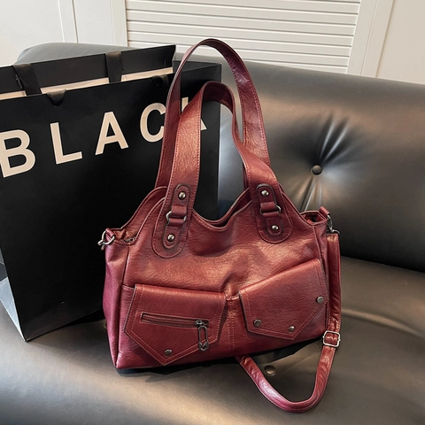 Borsa Tote Donna Retro Pelle PU Grande Capacità Tasche Multiple Borsa A Spalla Vintage Urban Minimalista Decorazione Borchie