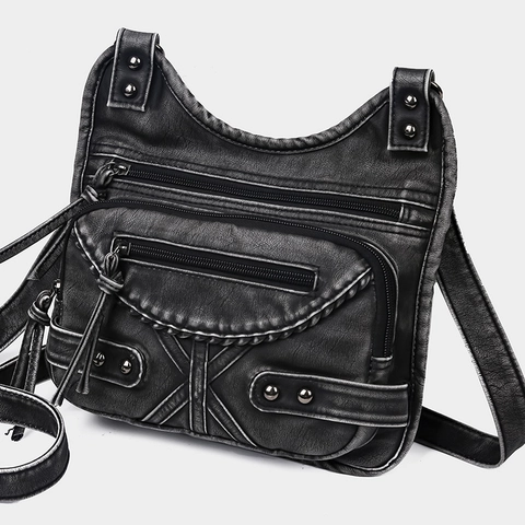 Vintage PU Leather Multi-Zipper Crossbody Bag With Rivets Woven Trim Retro Punk Style For Women
