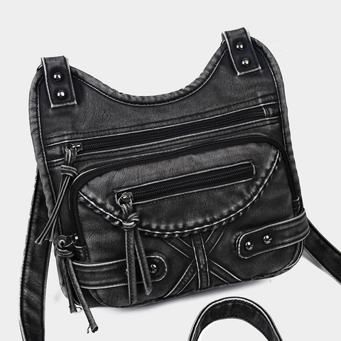 Vintage PU Leather Multi-Zipper Crossbody Bag With Rivets Woven Trim Retro Punk Style For Women