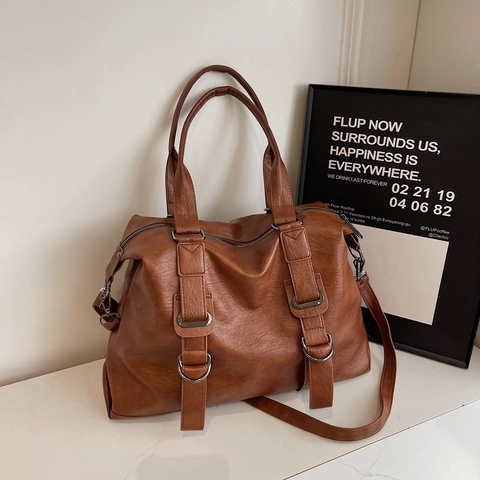 Large Capacity Tote Bag PU Leather Retro Fashion Handbag Crossbody Shoulder Bag For Women Commute Work Travel