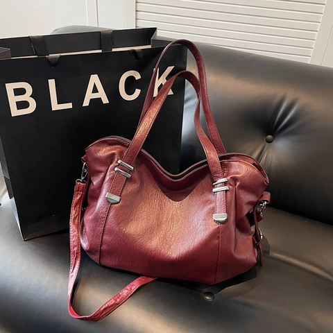 Bolso Tote De Cuero PU Retro Bolso De Mano Cubo Color Sólido Con Correa De Hombro Ajustable Desmontable Herrajes Plateados Mujer
