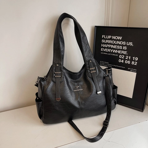 Borsa Tote In Pelle PU Retrò Grande Capacità Borsa A Tracolla Da Donna Versatile A Mano Con Tasche Laterali E Cinturino