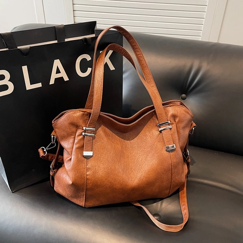 Women Large Capacity Tote Bag Vintage PU Leather Shoulder Crossbody Bag Silver Hardware Daily Commute Soft Solid