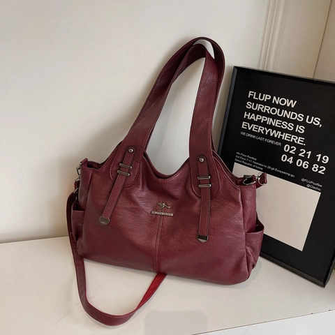 Borsa Tote In Pelle PU Retrò Grande Capacità Borsa A Tracolla Da Donna Versatile A Mano Con Tasche Laterali E Cinturino