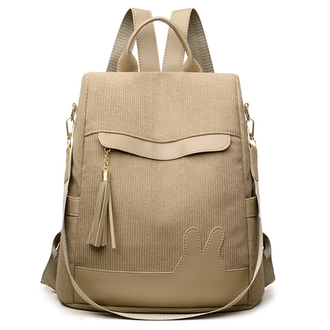 Women Corduroy Backpack Anti-Theft Travel Bag Retro Fashion School Rucksack With Tassel Rabbit Ear Decor Multi-Function