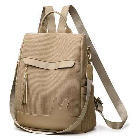 Women Corduroy Backpack Anti-Theft Travel Bag Retro Fashion School Rucksack With Tassel Rabbit Ear Decor Multi-Function