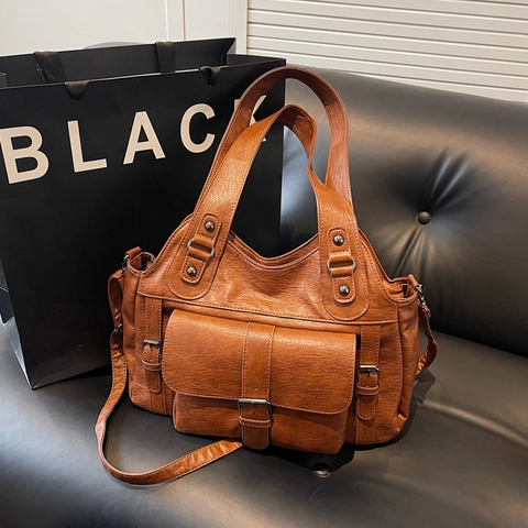 Dames Vintage Tote Bag PU Leer Grote Capaciteit Multi Pocket Retro Schoudertas Handtas Crossbody Met Verstelbare Riem