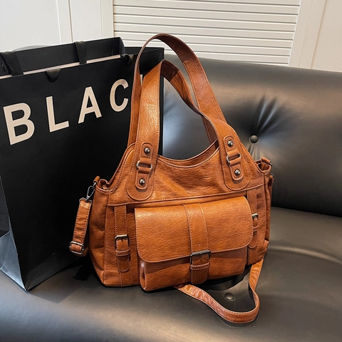 Dames Vintage Tote Bag PU Leer Grote Capaciteit Multi Pocket Retro Schoudertas Handtas Crossbody Met Verstelbare Riem