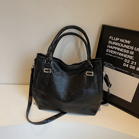 Bolso Tote Grande Cuero PU Vintage Viaje De Trabajo Bolso De Mano Para Mujer Estilo Retro Simple Con Correa De Hombro Removible Herrajes Plateados