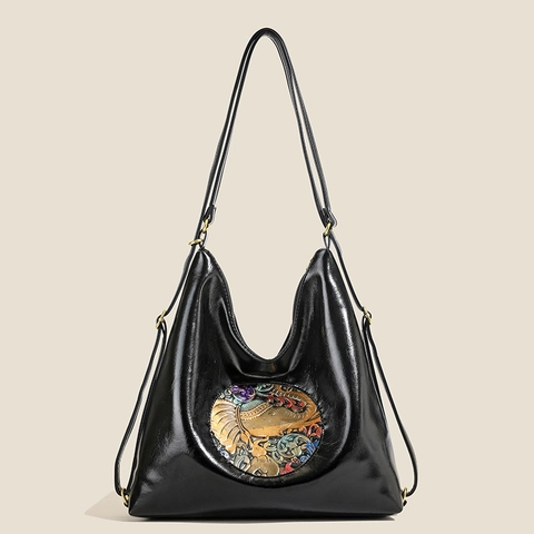 Zaino Da Donna In Pelle PU Rilievo Elefante Etnico Grande Capacità Borsa A Tracolla Viaggio Casual