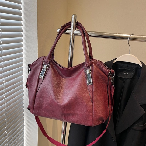 Large Capacity Tote Bag Women PU Leather Multi-Way Shoulder Handbag Retro Casual Commuter Office Fashion Zipper Closure