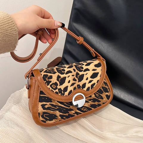 Schultertasche Mit Leopardenmuster PU Leder Stoff Vintage Umhängetasche Verstellbarer Riemen Metallschnalle Klappe Mode Für Damen