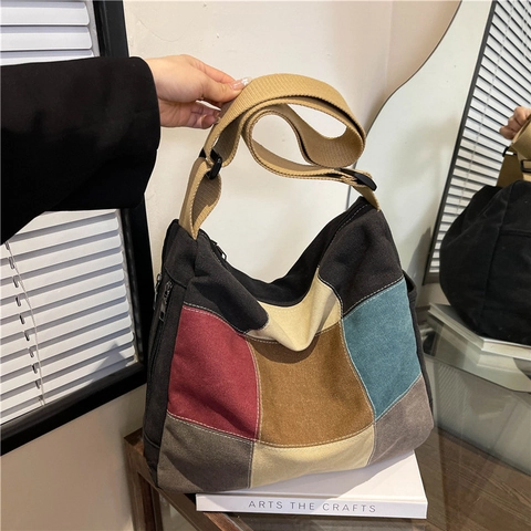 Borsa A Tracolla In Tela Patchwork Multicolore Grande Capacità Vintage Casual Tracolla Larga Regolabile Con Cerniera Donna