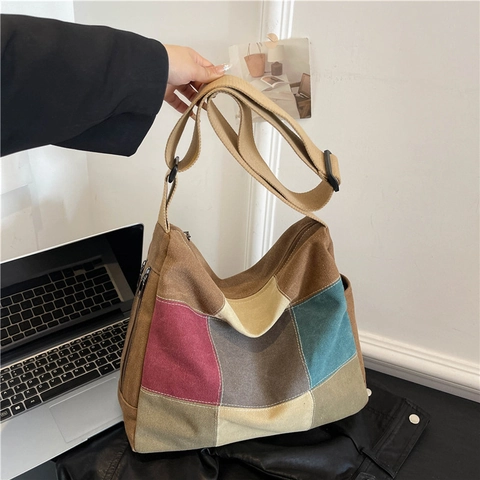Borsa A Tracolla In Tela Patchwork Multicolore Grande Capacità Vintage Casual Tracolla Larga Regolabile Con Cerniera Donna