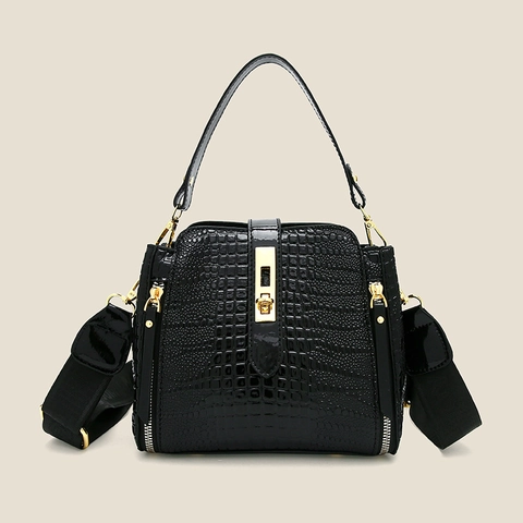 Women Handbag Crocodile Embossed PU Patent Leather Crossbody Bag With Wide Strap Gold Hardware Twist Lock