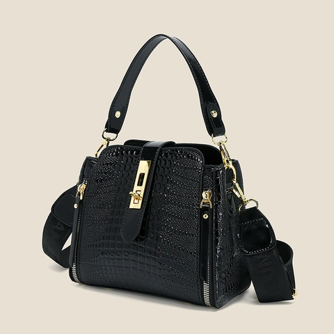 Women Handbag Crocodile Embossed PU Patent Leather Crossbody Bag With Wide Strap Gold Hardware Twist Lock
