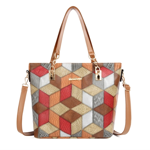 Geometric Patchwork Matching Bag Sets PU Leather 3D Cube Pattern Large Capacity Tote And Crossbody Bags Fashion Shoulder Handbags
