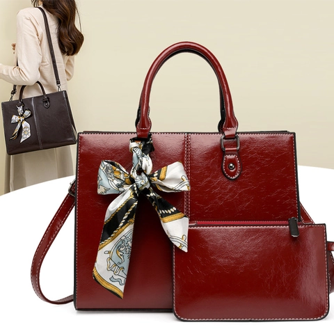 Sac Fourre-Tout Pour Femmes Sac À Main Cuir PU Texture Huilée Grande Capacité Style Rétro Avec Foulard En Satin