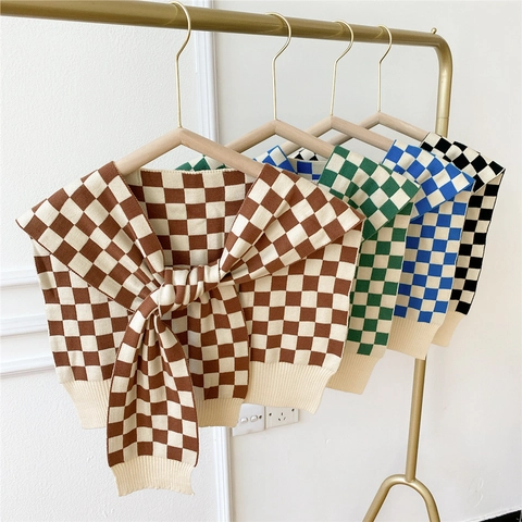 Strickschal Tuch Karomuster Falscher Kragen Bindeband Vorne Retro Herbst Winter Warm Schulter Cape Für Damen