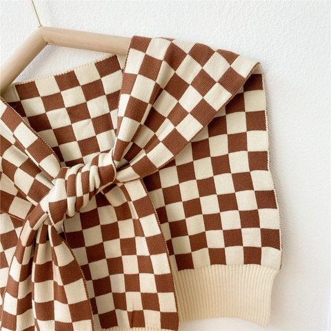 Strickschal Tuch Karomuster Falscher Kragen Bindeband Vorne Retro Herbst Winter Warm Schulter Cape Für Damen