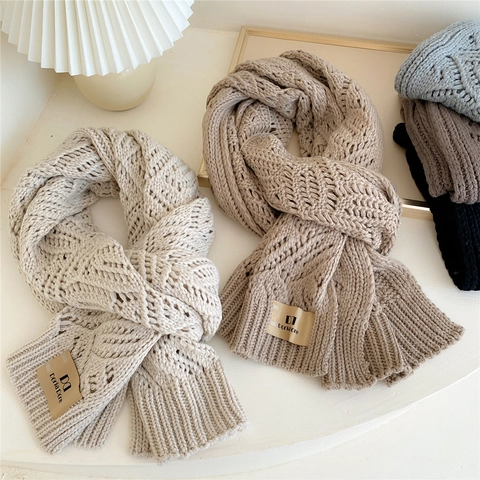 Knit Scarf Thickened Warm Winter Shawl Neck Warmer Leaf Pattern Solid Color Polyester For Women Men