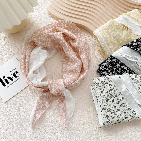 Dreieckstuch Bandana Schal Blumendruck Baumwolle Leinen Hohlspitze Patchwork Halstuch Haar Stirnband Damen Vintage Stil