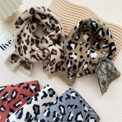 Sciarpa Leopardata In Maglia Calda Invernale Scialle Lungo Stile Giapponese Retrò Scaldacollo Morbido Per Donna Accessori