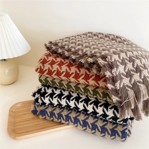 Sciarpa Invernale Pied-De-Poule Da Donna Ispessita Calda Morbida Maglia Lungo Scialle Con Frange Motivo Geometrico Stile Retrò
