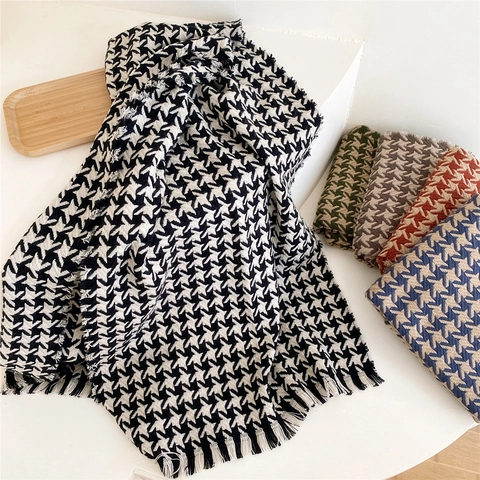 Sciarpa Invernale Pied-De-Poule Da Donna Ispessita Calda Morbida Maglia Lungo Scialle Con Frange Motivo Geometrico Stile Retrò