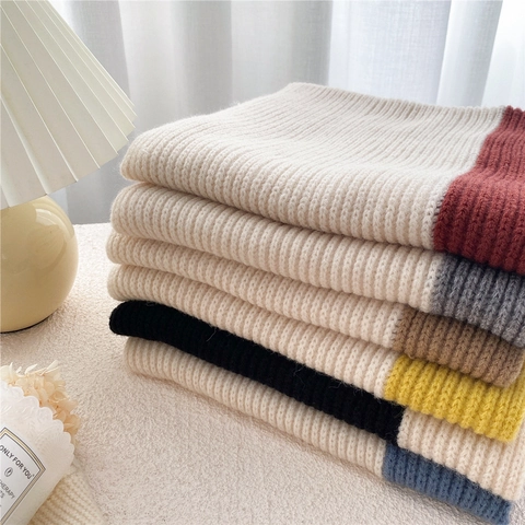 Sciarpa Invernale In Lana A Costine Color Block Calda Spessa Scaldacollo Stile Coreano Design Incrociato Donna Uomo