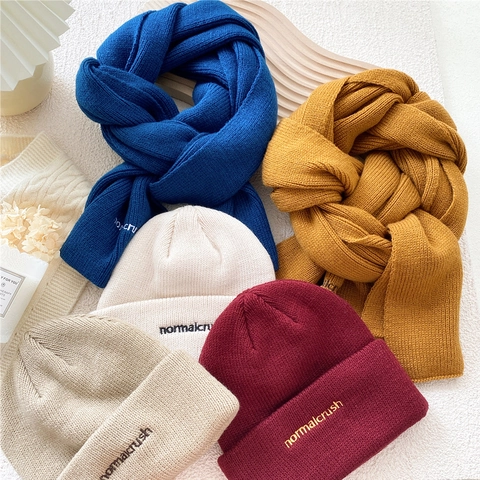 Gorro Y Bufanda De Punto Grueso Cálido Invierno Color Sólido Bordado Letra Casual Exterior Térmico Suave Para Mujeres