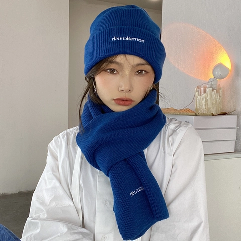 Gorro Y Bufanda De Punto Grueso Cálido Invierno Color Sólido Bordado Letra Casual Exterior Térmico Suave Para Mujeres