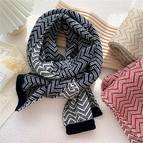 Sciarpa Lunga In Maglia Da Donna Inverno Caldo Doppia Faccia Motivo A Onde Geometriche Morbida Spessa Retro Alla Moda