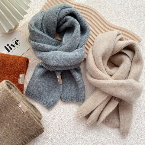 Bufanda De Invierno De Punto Con Mezcla De Lana Suave Gruesa Cálida Color Sólido Dobladillo Acanalado Parche De Logotipo