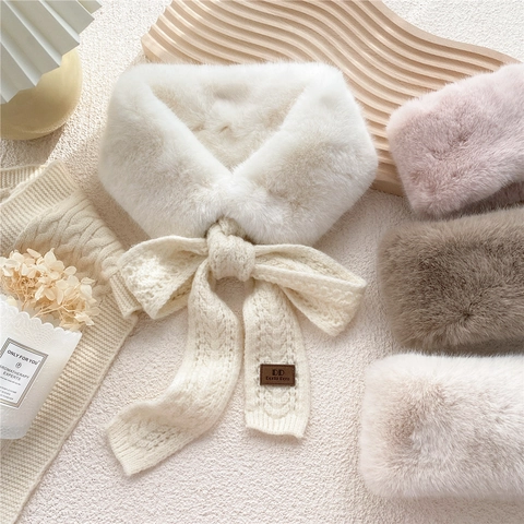 Neck Warmer Scarf Faux Rabbit Fur Knit Tie Bow Thickened Winter Elegant Women Solid Color Outdoor Warmth
