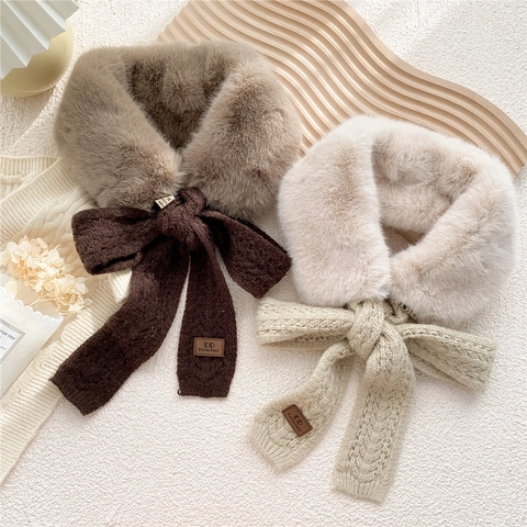 Neck Warmer Scarf Faux Rabbit Fur Knit Tie Bow Thickened Winter Elegant Women Solid Color Outdoor Warmth