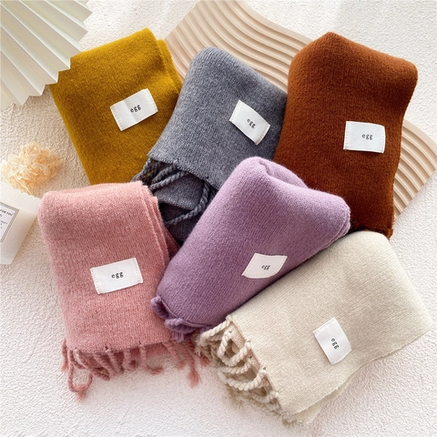 Bufanda Punto Invierno Color Sólido Flecos Largos Cálida Suave Tacto Cachemira Para Mujer Accesorio Moda