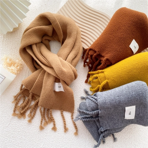 Bufanda Punto Invierno Color Sólido Flecos Largos Cálida Suave Tacto Cachemira Para Mujer Accesorio Moda