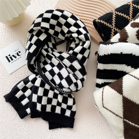 Gestrickter Schal Verdickter Winter Warm Lange Halstuch Mode Schachbrett Argyle Leopard Gestreift Damen