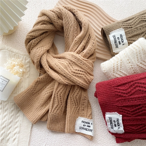 Women Winter Knitted Scarf Thickened Warm Solid Color Long Cable Knit Woolen Neck Wrap For Outdoor Travel Students