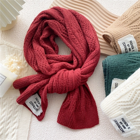 Women Winter Knitted Scarf Thickened Warm Solid Color Long Cable Knit Woolen Neck Wrap For Outdoor Travel Students