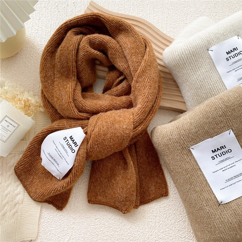 Knitted Scarf Winter Warm Solid Color Ribbed Texture Fabric Patch Minimalist Korean Style For Women And Students