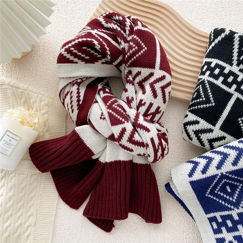Sciarpa In Maglia Double Face Bicolore Con Motivo Geometrico A Freccia Caldo Inverno Morbido Per Donna