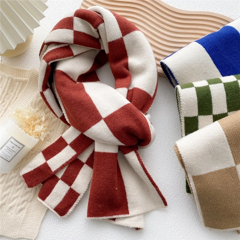 Damen Winter Strickschal Schachbrettmuster Dick Warm Halstuch Lang Vielseitig Retro Mode Student Accessoire