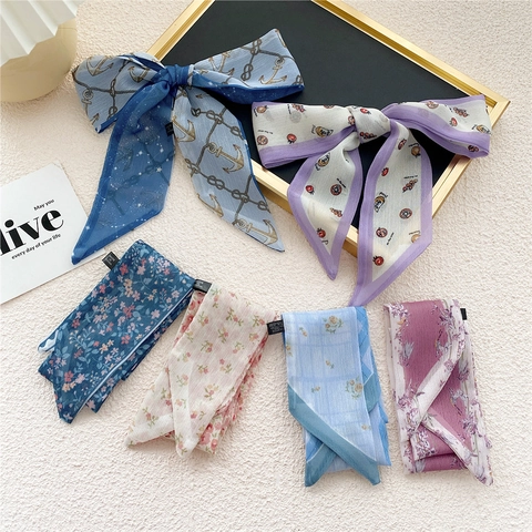 Bufanda Twilly Larga Estrecha Para Mujer Estampado Floral Gasa Cinta Pelo Asa Bolso Decorativa Pañuelo Satén Cinta