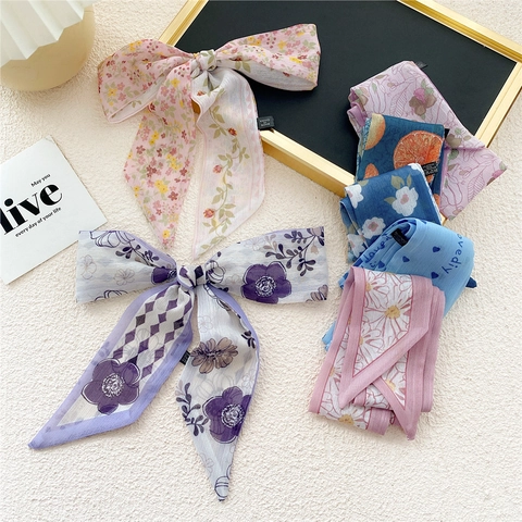 Narrow Scarf Chiffon Polyester Vintage Floral Fruit Print Necktie Handbag Handle Ribbon Hair Tie For Women