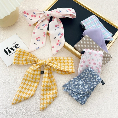 Vintage Narrow Long Scarf Thin Polyester Satin Like Floral Polka Dot Plaid Print For Bag Hair Neck Decoration Women